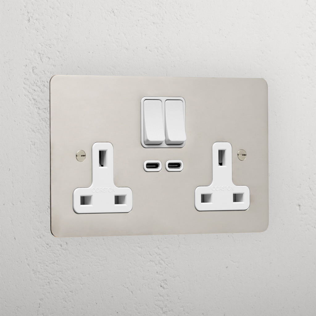 Luxury Polished Nickel Double Socket With Usb-C Fast Charge White