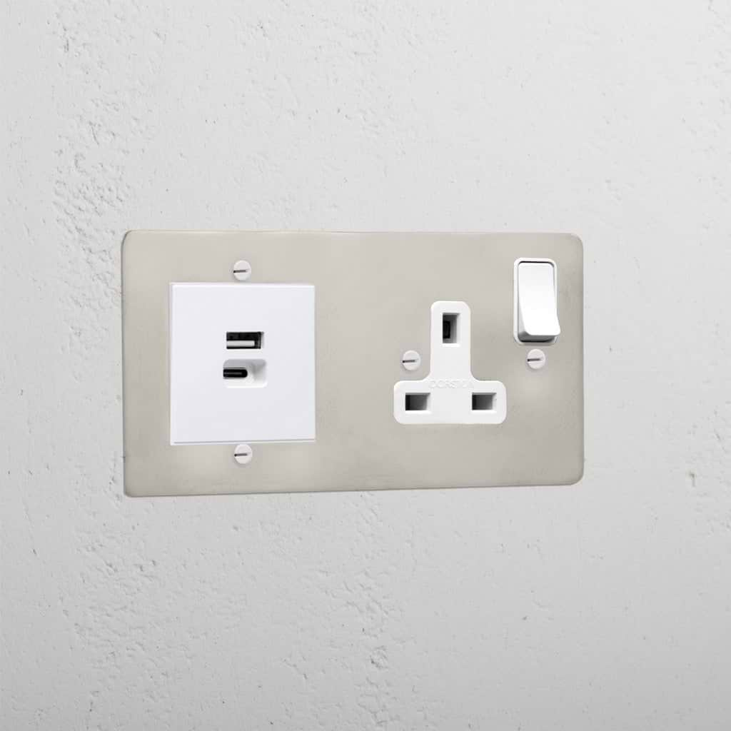 Designer Polished Nickel Single Socket And Usb A+C Fast Charge White