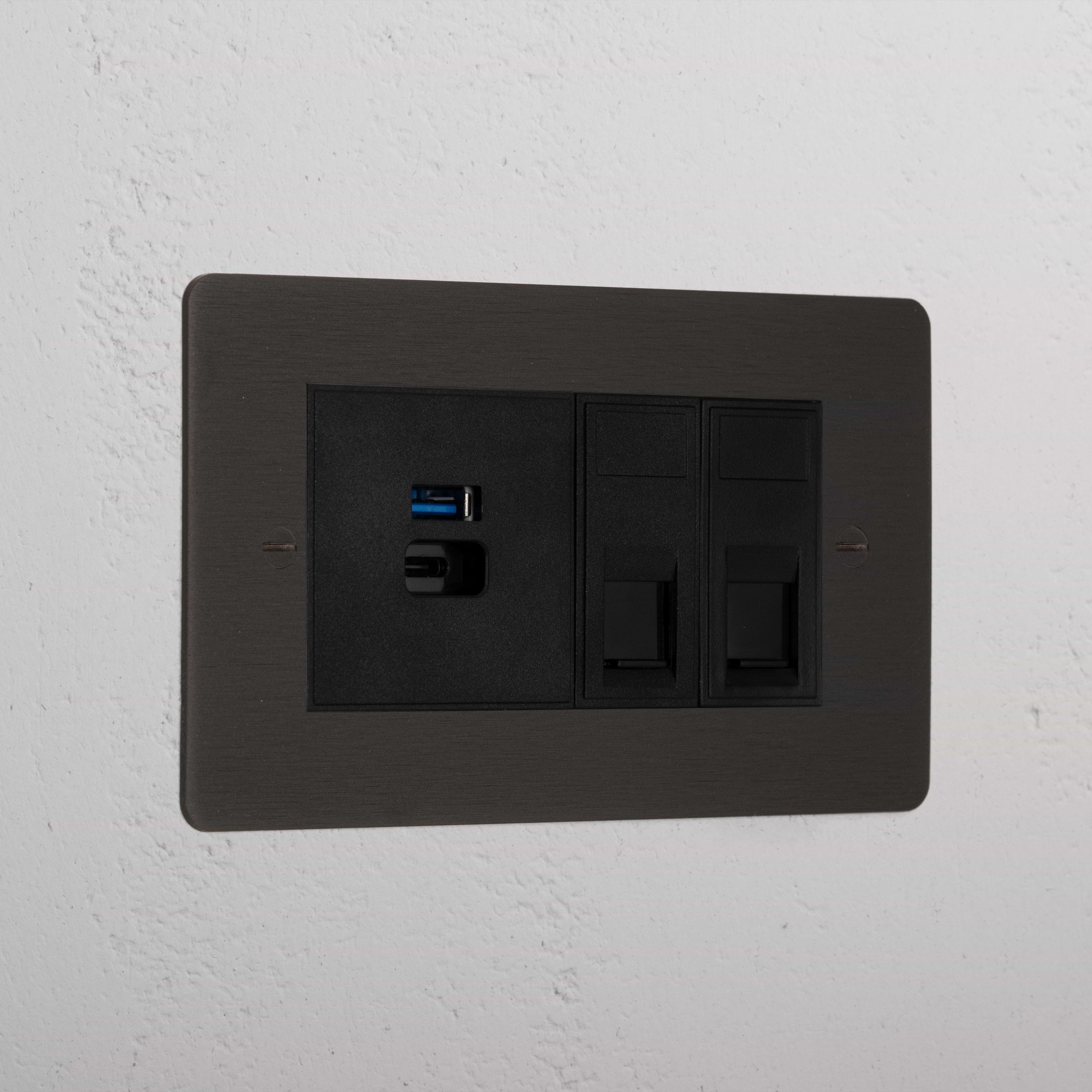 Bronze Modern Cat6 And Usb A+C Fast Charge Socket Black