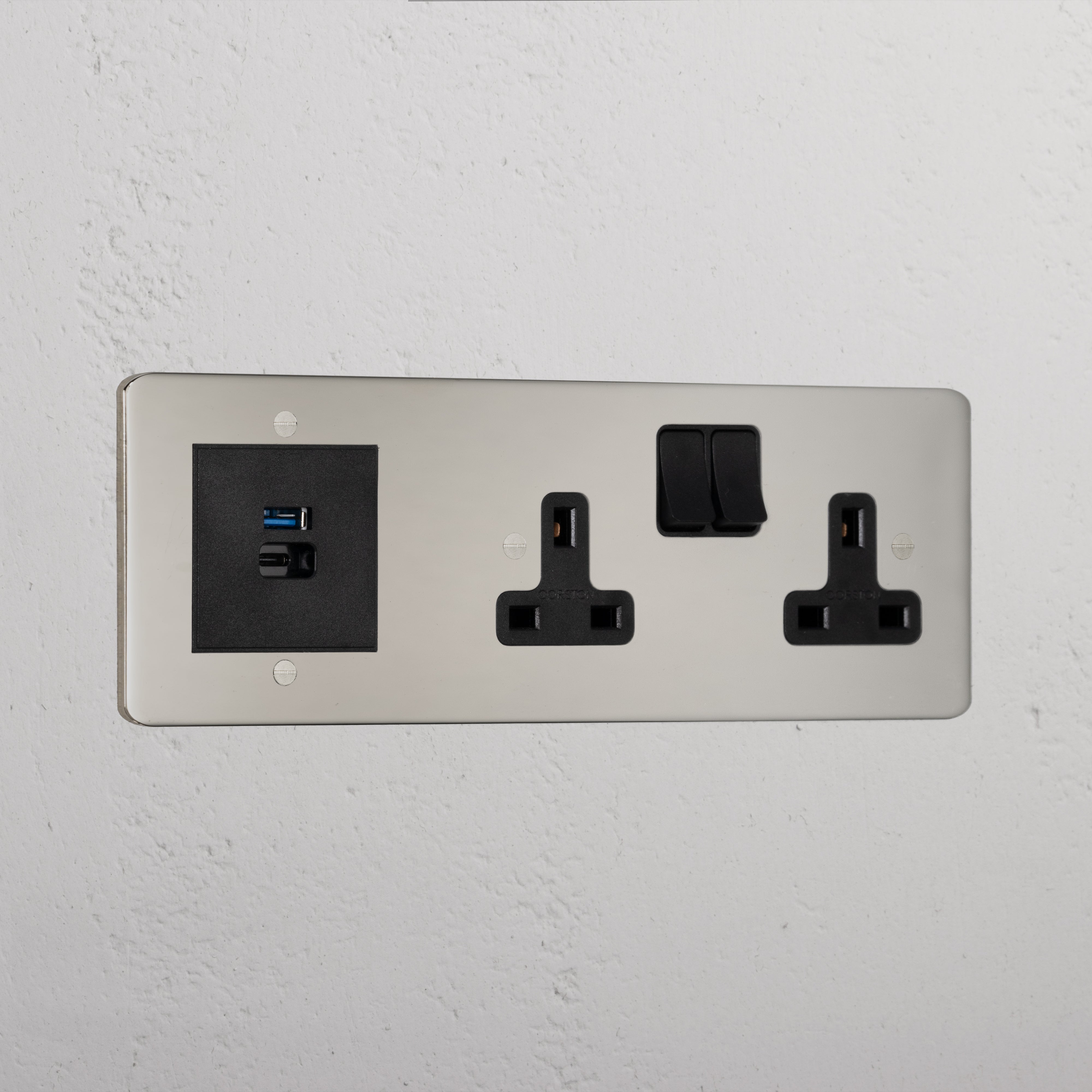 Designer Polished Nickel Double Socket And Usb A+C Port Fast Charge Socket Black