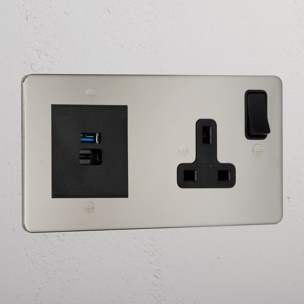 Designer Polished Nickel Single Socket And Usb A+C Fast Charge Socket Black