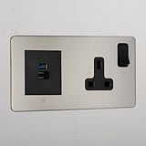 Designer Polished Nickel Single Socket And Usb A+C Fast Charge Socket Black