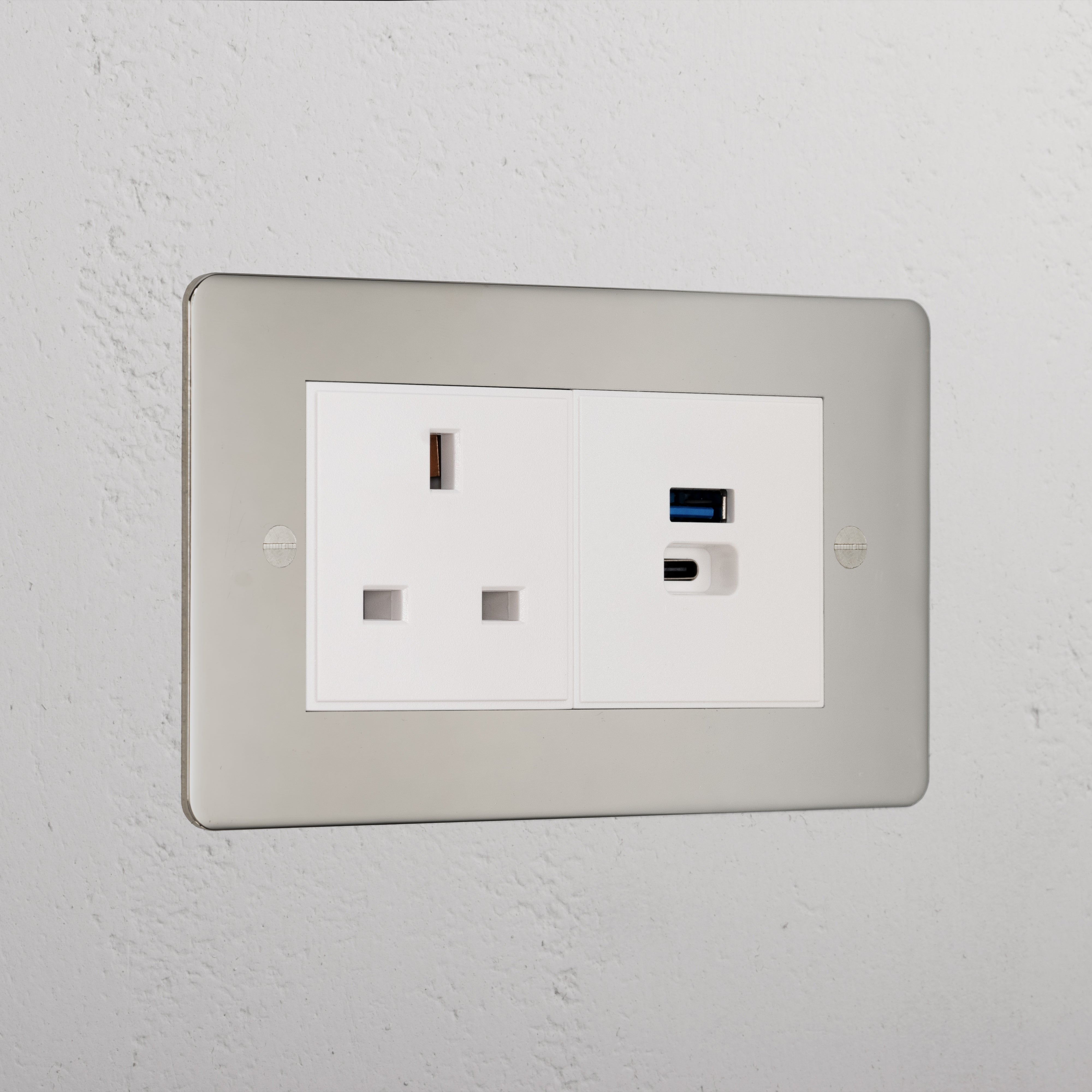 Premium Polished Nickel 13A And Usb A+C Fast Charge White