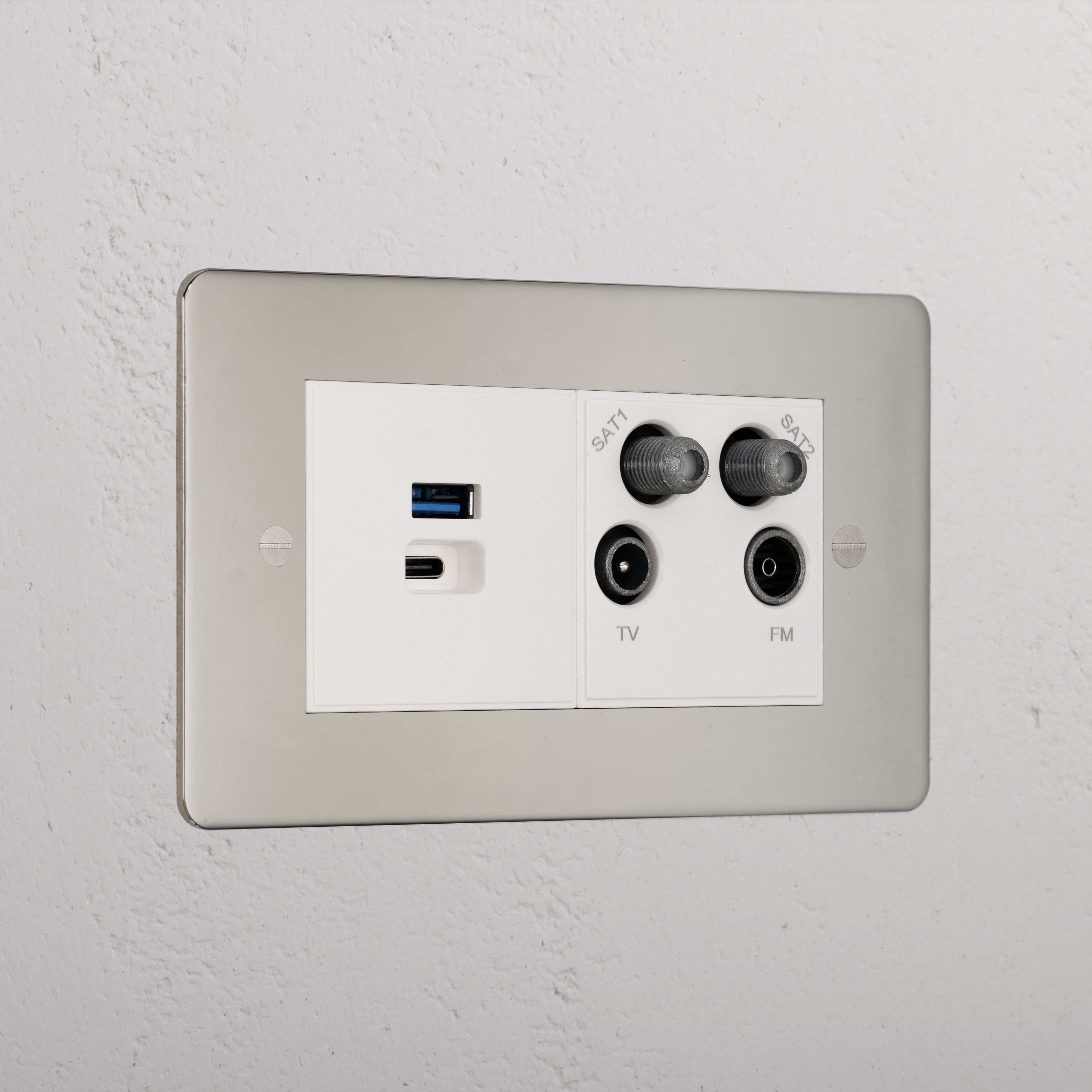 Luxury Polished Nickel Usb A+C Fast Charge And Tv Aerial Socket White