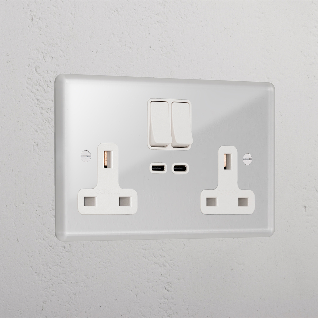 Clear Double Socket With Usb-C Fast Charge Socket White