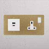 Single Socket + USB A+C Fast Charge - Antique Brass White