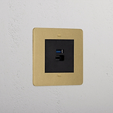 Antique Brass Designer Usb A+C Fast Charge Socket On White Background