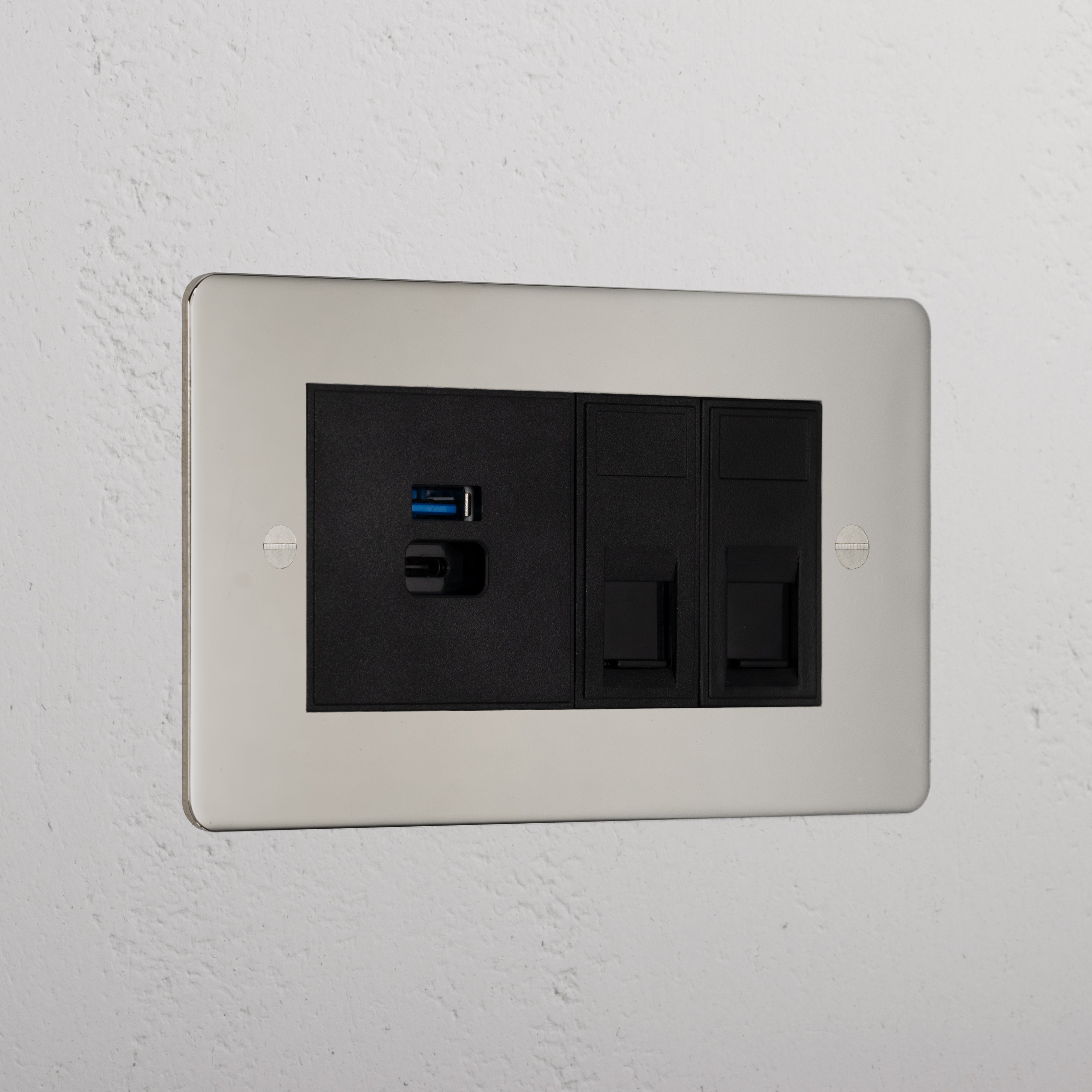 Luxury Polished Nickel 2x Cat6 And Usb A+C Fast Charge Socket Black