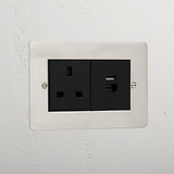 Premium Polished Nickel 13A Socket With Usb A+C Fast Charge Socket Black
