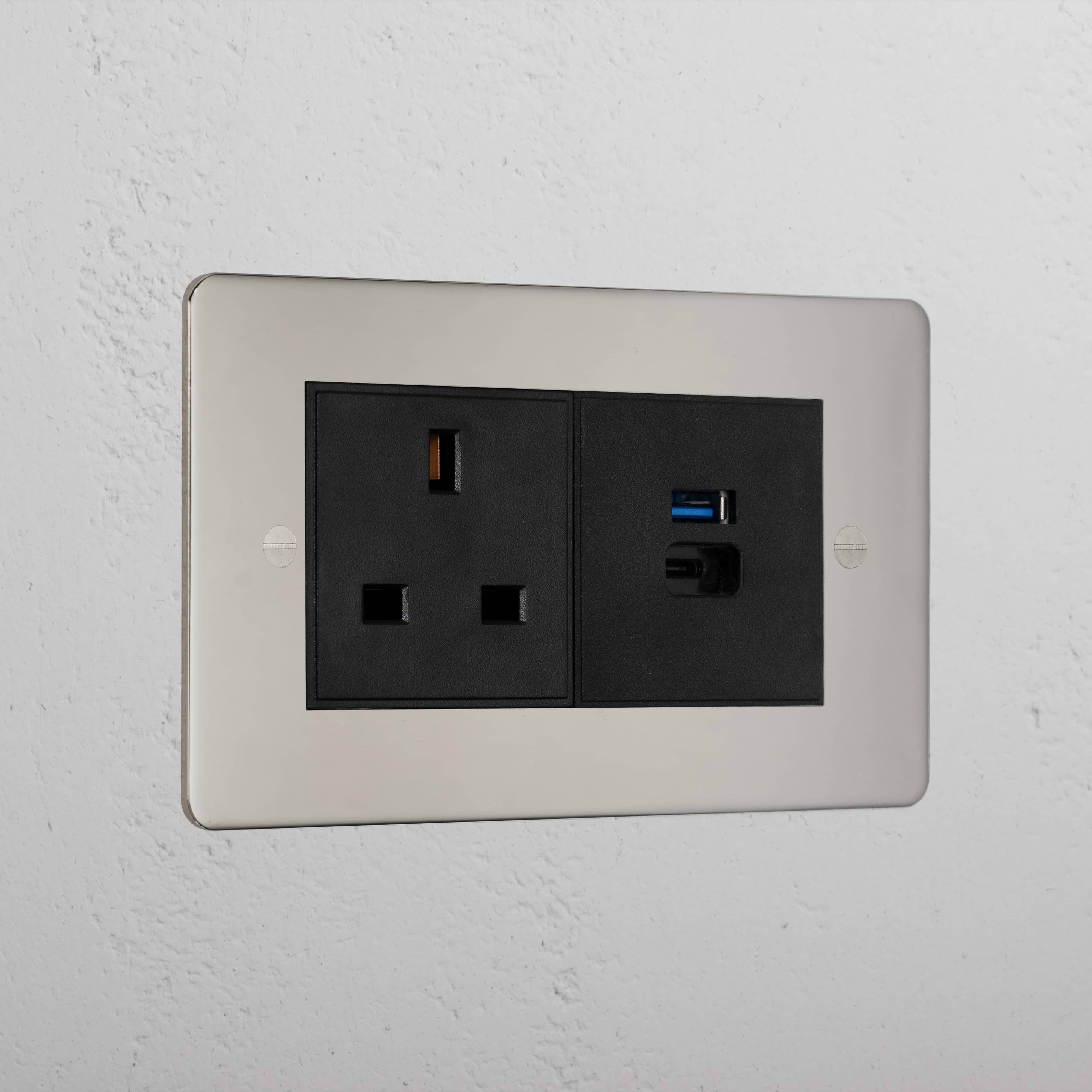 Premium Polished Nickel 13A Socket With Usb A+C Fast Charge Socket Black