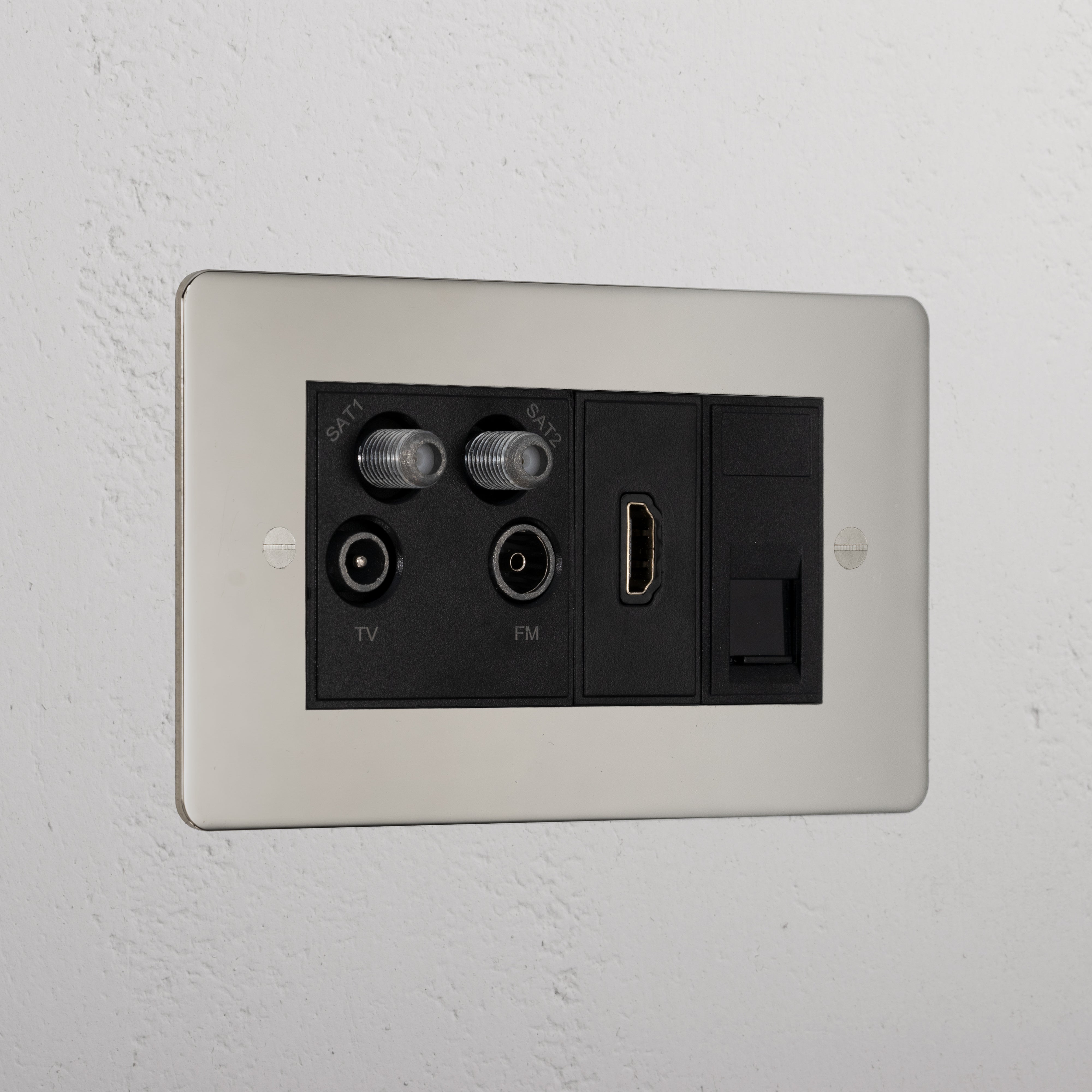 Designer Polished Nickel Tv Aerial And Hdmi And Cat6 Socket Black