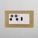 TV Aerial + HDMI + CAT6 Socket - Antique Brass White