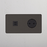 USB-C-Anschluss (30 W) + SchuKo-Steckdoseneinsatz (Typ F) rund je 1x in Zweifachrahmen – Bronze + Schwarz