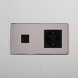 Schnelles Laden – und Schuko-Steckdose: Doppel-USB 30W & Schuko-Netzmodul – Poliertes Nickel + Schwarz – auf weißem Hintergrund