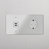 USB-C-Anschluss (30 W) + SchuKo-Steckdoseneinsatz (Typ F) rund je 1x in Zweifachrahmen – Durchsichtig + Weiß