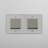 Moderner Doppel-Wippschalter – Durchsichtig + Poliertes Nickel + Weiß – vielseitige Lichtsteuerung – auf weißem Hintergrund