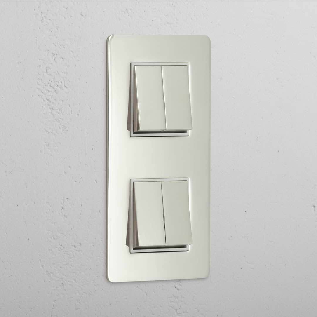 Vertikaler Lichtsteuerungsschalter mit hoher Kapazität: Poliertes Nickel + Weiß – doppelter 4x vertikaler Wippschalter