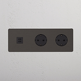 USB-C-Anschluss (30 W) 1x + SchuKo-Steckdoseneinsatz (Typ F) 2x  rund in Dreifachrahmen – Bronze + Schwarz