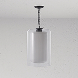 Pendelleuchte aus geriffeltem Glas mit schwarzer Kette, passend für moderne Innenräume.