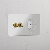 Kipphebel 2x & SchuKo-Modul in Zweifachrahmen rund – Durchsichtig Antikes Messing + Weiß 