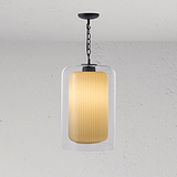 Moderne Pendelleuchte mit geriffeltem Glasschirm und elegantem Design für stimmungsvolles Licht.