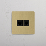 RJ45-Anschluss 1x in Einfachrahmen – Antikes Messing + Schwarz modernes Design – auf weißem Hintergrund