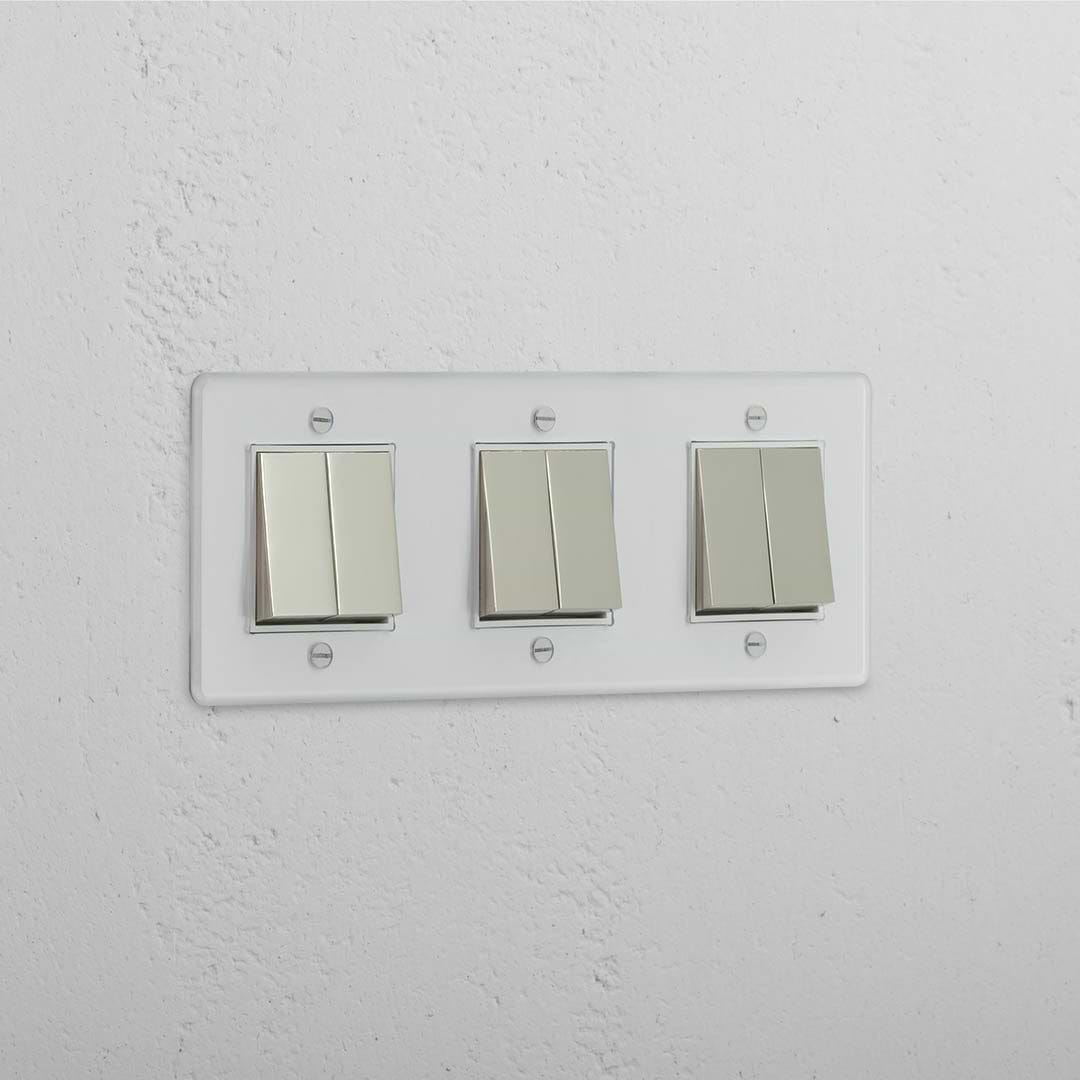 Dreifachrahmen mit Wippen mit sechs Funktionen – Poliertes Nickel + Weiß + Transparent – Umfassende Lichtsteuerungslösung