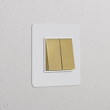 Einfachrahmen mit 2x Wippschalter in antikem Messing und Weiß, lackierbar, passend für Schalter und Dimmer.