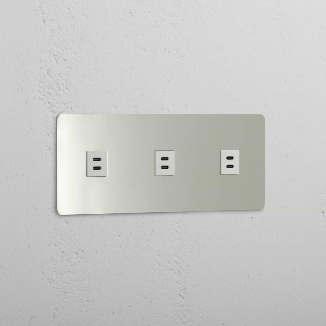 USB-C-Anschluss (30 W) 3x in Dreifachrahmen – Poliertes Nickel + Weiß