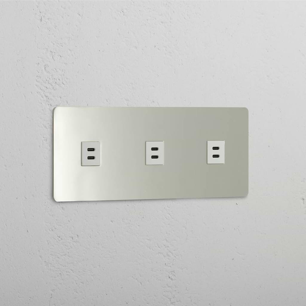 USB-C-Anschluss (30 W) 3x in Dreifachrahmen – Poliertes Nickel + Weiß