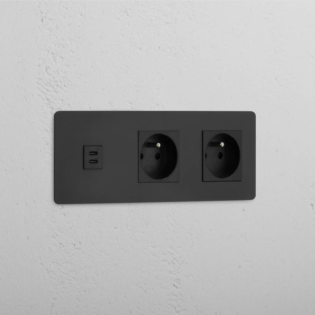 USB-C-Anschluss (30 W) 1x + französischer Steckdoseneinsatz (Typ E) 2x in Dreifachrahmen – Bronze + Schwarz