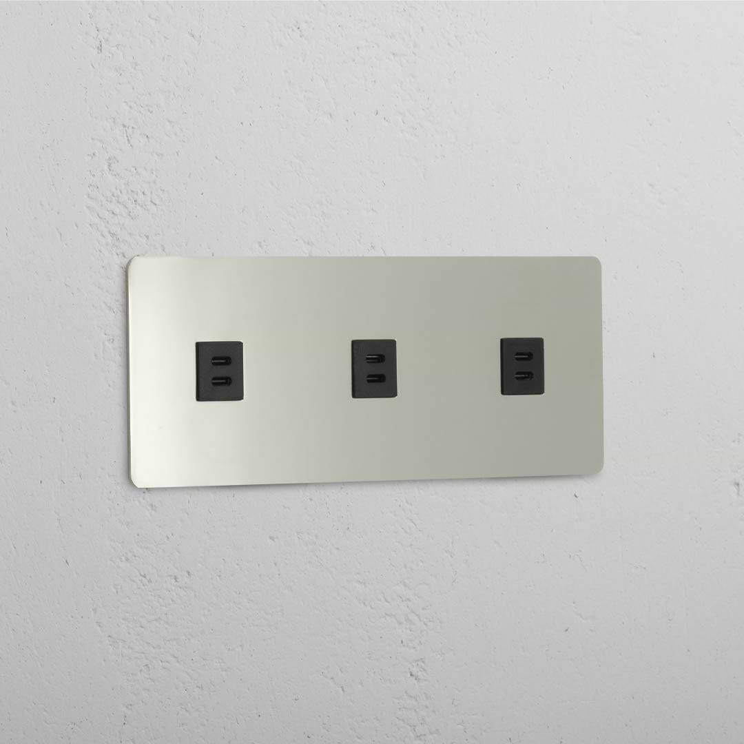 USB-C-Anschluss (30 W) 3x in Dreifachrahmen – Poliertes Nickel + Schwarz