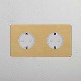 2x Rond Schuko Type F Stopcontact (Dubbele Afdekplaat) - Antiek Messing (Wit Inzetstuk)