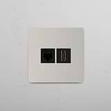 Netwerk- en high-definition video-accessoire op witte achtergrond: Gepolijst Nikkel zwart enkele RJ45 & HDMI-module