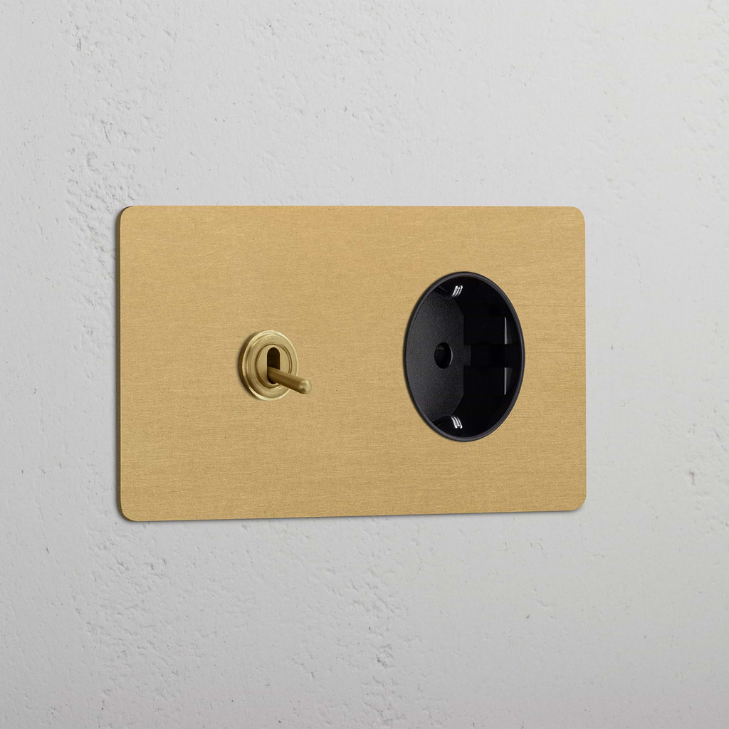 Tuimelschakelaar & Rond Schuko Type F Stopcontact (Dubbele Afdekplaat) - Antiek Messing (Zwart Inzetstuk)