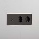 Tuimelschakelaar & 2x Rond Schuko Type F Stopcontact (Drievoudige Afdekplaat) - Brons (Zwart Inzetstuk)