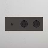 Tuimelschakelaar & 2x Rond Schuko Type F Stopcontact (Drievoudige Afdekplaat) - Brons (Zwart Inzetstuk)