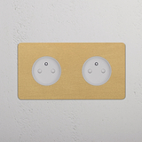 2x Rond Belgisch Type E Stopcontact (Dubbele Afdekplaat) - Antiek Messing (Wit Inzetstuk)