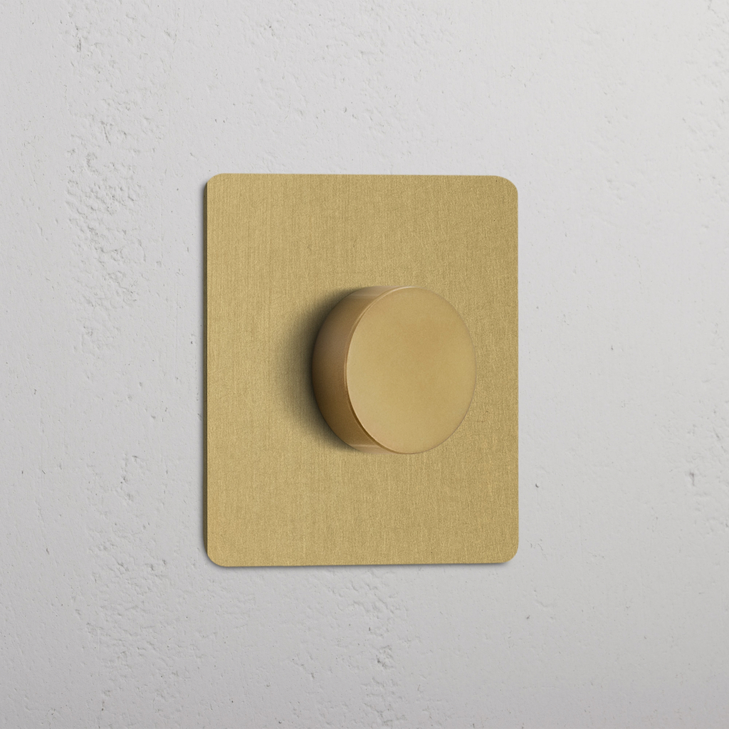 Enkele afdekplaat dimschakelaar Multicontrol in antieke messing met ronde dimmer, gemonteerd op witte muur.