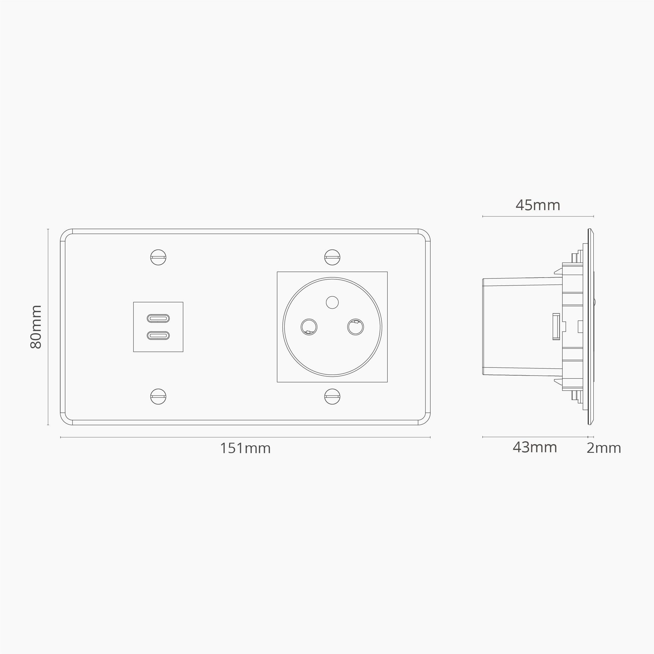 USB-C 30W Voedingsmodule & Rond Belgisch Type E Stopcontact (Dubbele Afdekplaat) - Doorzichtig (Zwart Inzetstuk)