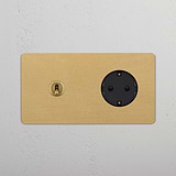 Tuimelschakelaar & Rond Schuko Type F Stopcontact (Dubbele Afdekplaat) - Antiek Messing (Zwart Inzetstuk)