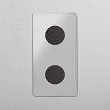 2x Multicontrol dimmers met dubbele verticale afdekplaat in doorzichtige brons, wandmontage uitvoering.