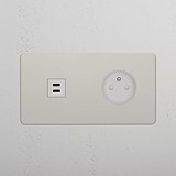 USB-C 30W Voedingsmodule & Rond Belgisch Type E Stopcontact (Dubbele Afdekplaat) - Gepolijst Nikkel (Wit Inzetstuk)