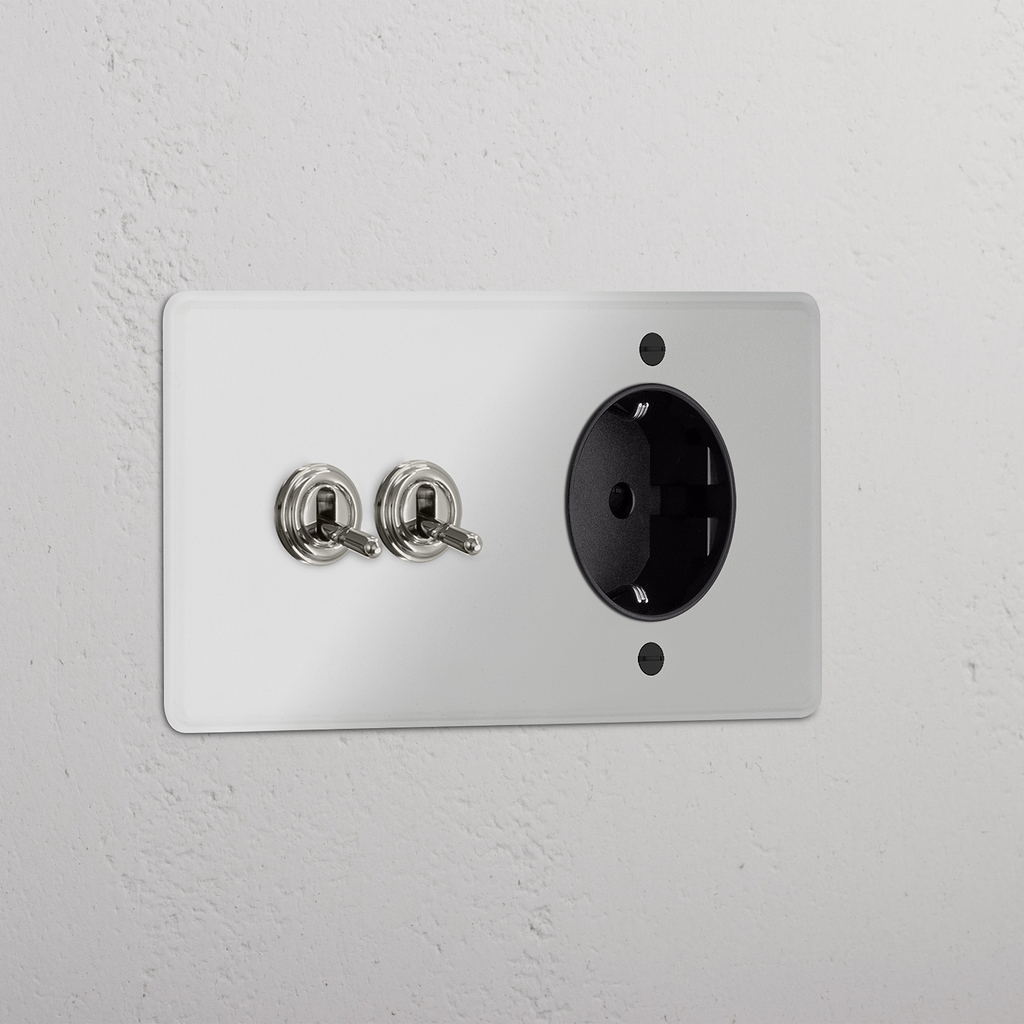 2x Tuimelschakelaar & Rond Schuko Type F Stopcontact (Dubbele Afdekplaat) - Doorzichtig Gepolijst Nikkel (Zwart Inzetstuk)