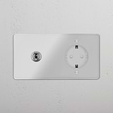 Tuimelschakelaar & Rond Schuko Type F Stopcontact (Dubbele Afdekplaat) - Doorzichtig Gepolijst Nikkel (Wit Inzetstuk)