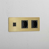 Drievoudige USB 30W met Dubbele Schuko Module in Antiek Messing Zwart Design