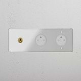 Tuimelschakelaar & 2x Rond Belgisch Type E Stopcontact (Drievoudige Afdekplaat) - Doorzichtig Antiek Messing (Wit Inzetstuk)