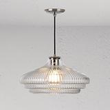 Brookfield große hängende Deckenleuchte, poliertes Nickel, geriffeltes Glas, elegant von der Decke hängend.