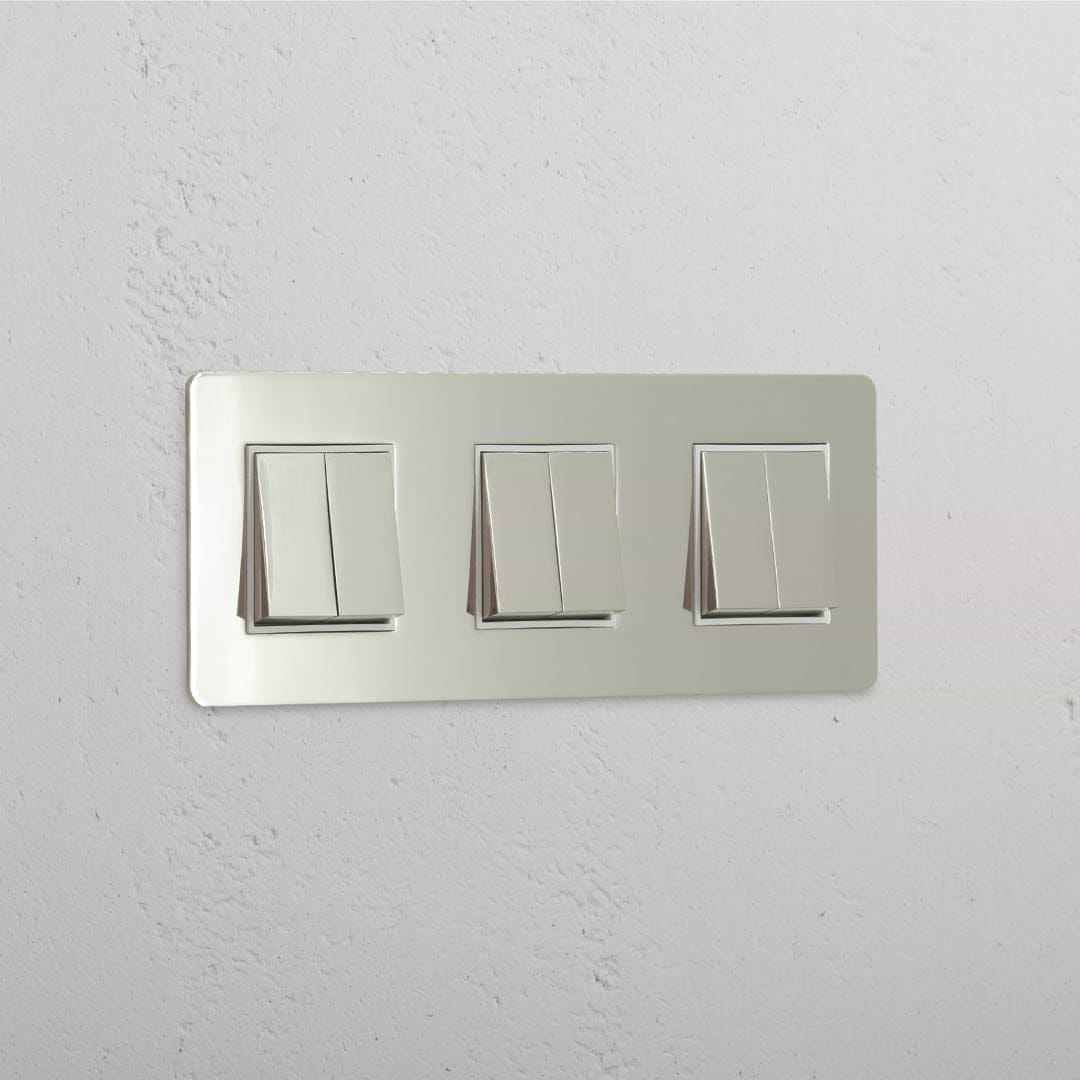 Hohe Kapazität – Lichtschalter: Dreifacher Wippschalter mit sechs Wippen – Poliertes Nickel + Weiss