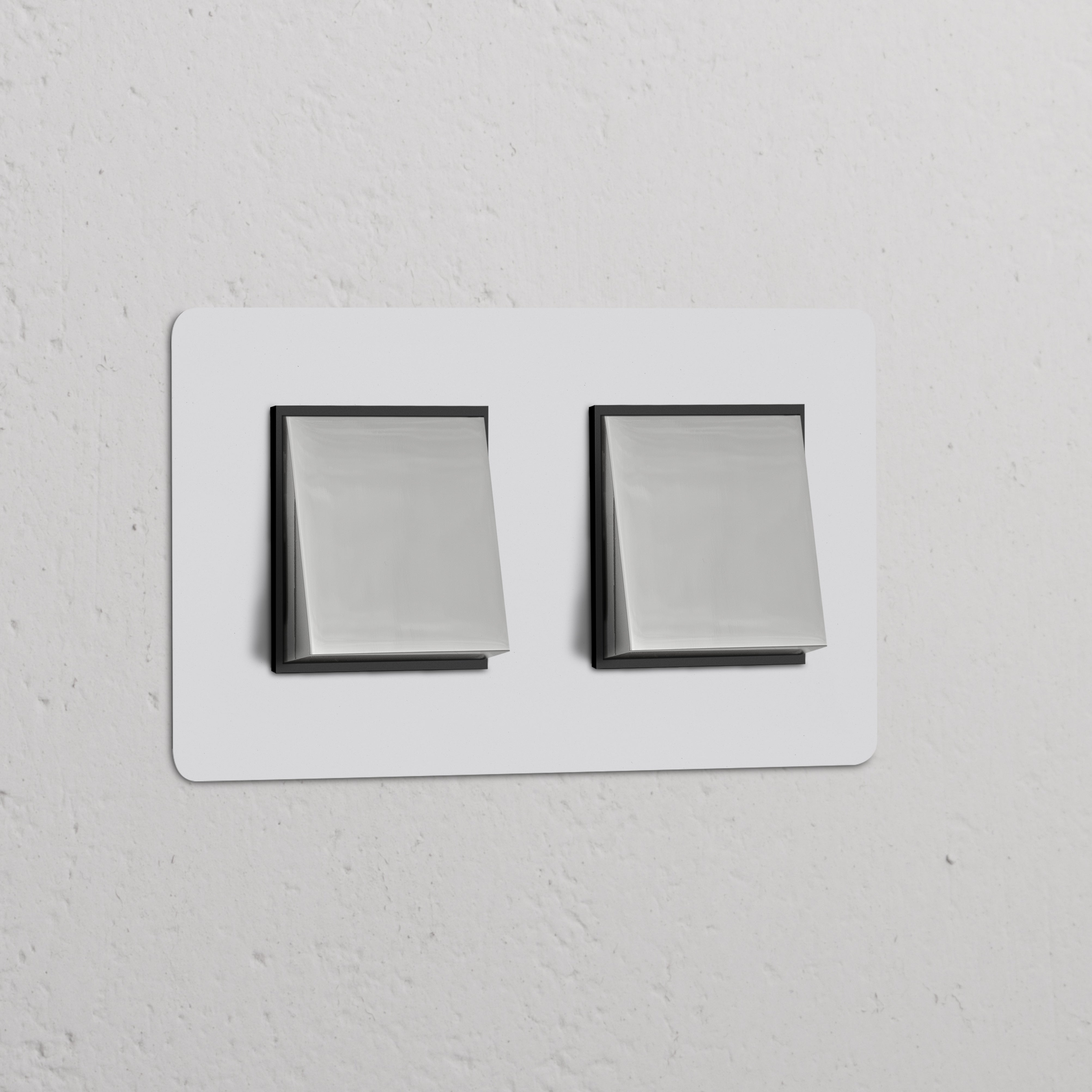 Zweifachrahmen mit 2x Wippschalter, lackierbar, poliertes Nickel und Schwarz, auf weißer Wand montiert.